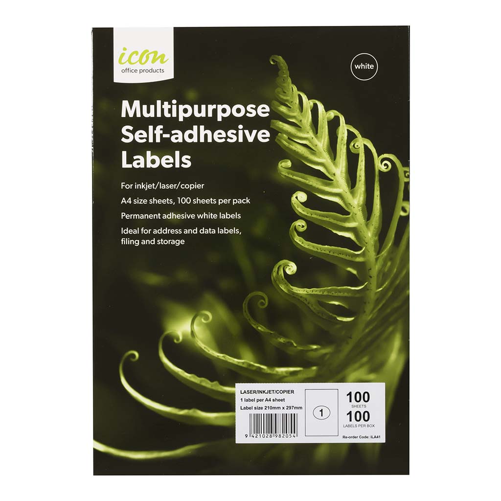 Icon Multipurpose Labels 1 Per Sheet 210x297mm, Pack of 100
