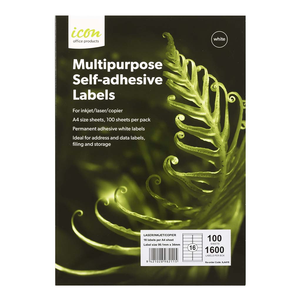 Icon Multipurpose Labels 16 Per Sheet 99.1x34mm, Pack of 100